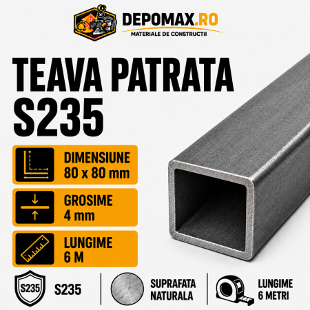 Teava patrata 80 x 80 x 4 mm, 6 metri